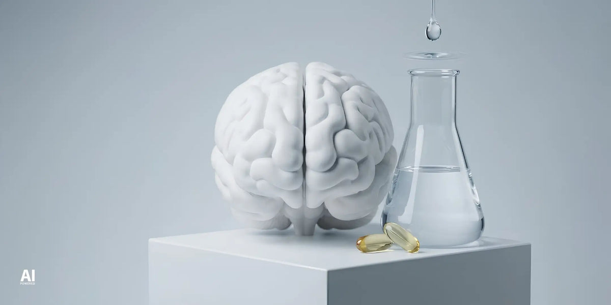 Biały model anatomiczny ludzkiego mózgu na postumencie obok szklanej kolby laboratoryjnej i kapsułek z suplementami diety wspierającymi funkcje poznawcze i pamięć.