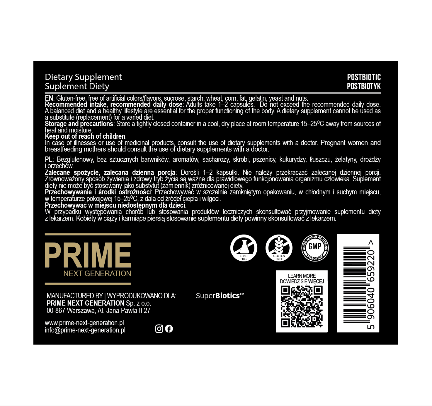 POSTBIOTYK na jelita i odporność  z witaminą D3 i B9 | SUPER BIOTICS™ | 550 mg