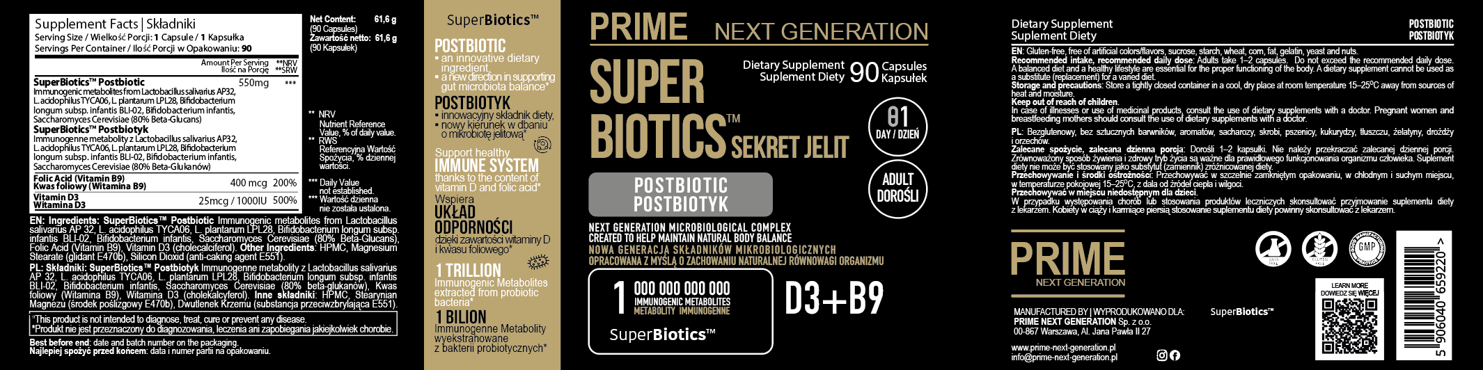 POSTBIOTYK na jelita i odporność  z witaminą D3 i B9 | SUPER BIOTICS™ | 550 mg