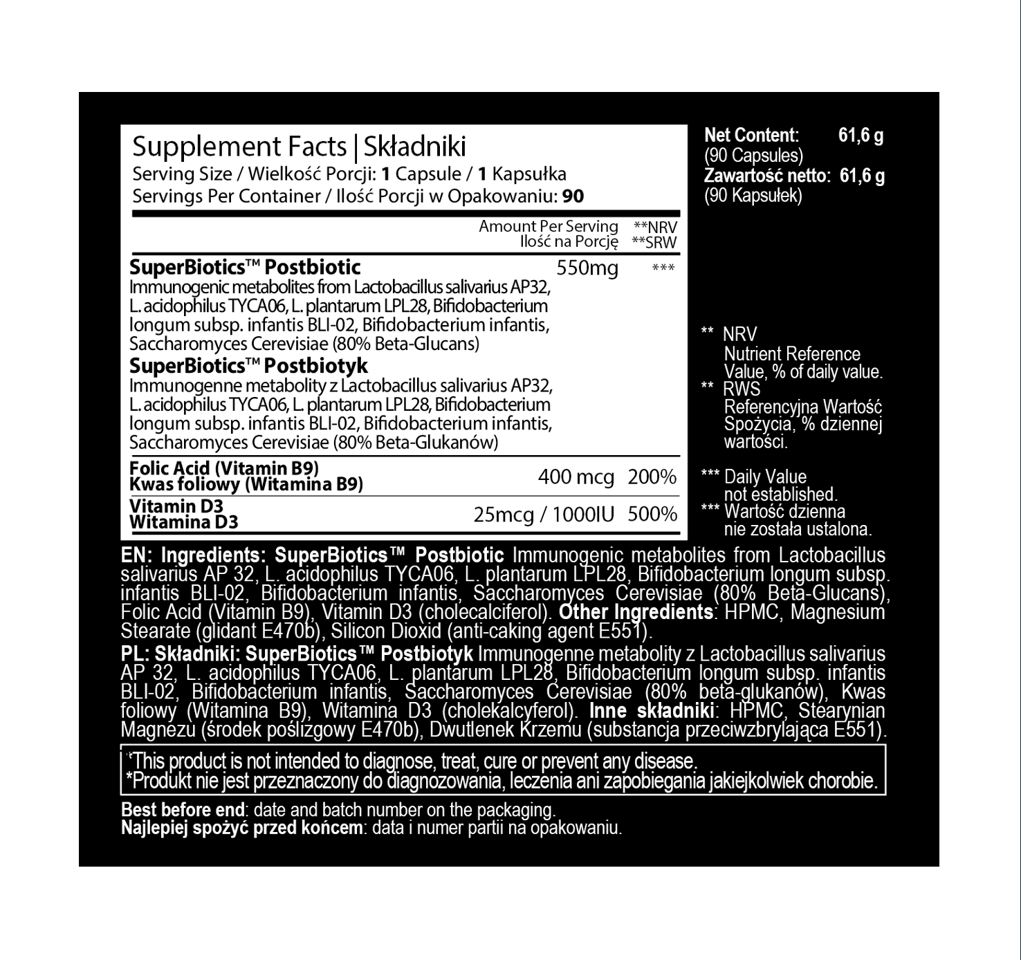 POSTBIOTYK na jelita i odporność  z witaminą D3 i B9 | SUPER BIOTICS™ | 550 mg